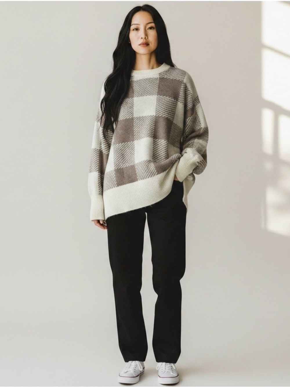Abercrombie & Fitch Oversized Plaid Crewneck in Cream and Taupe